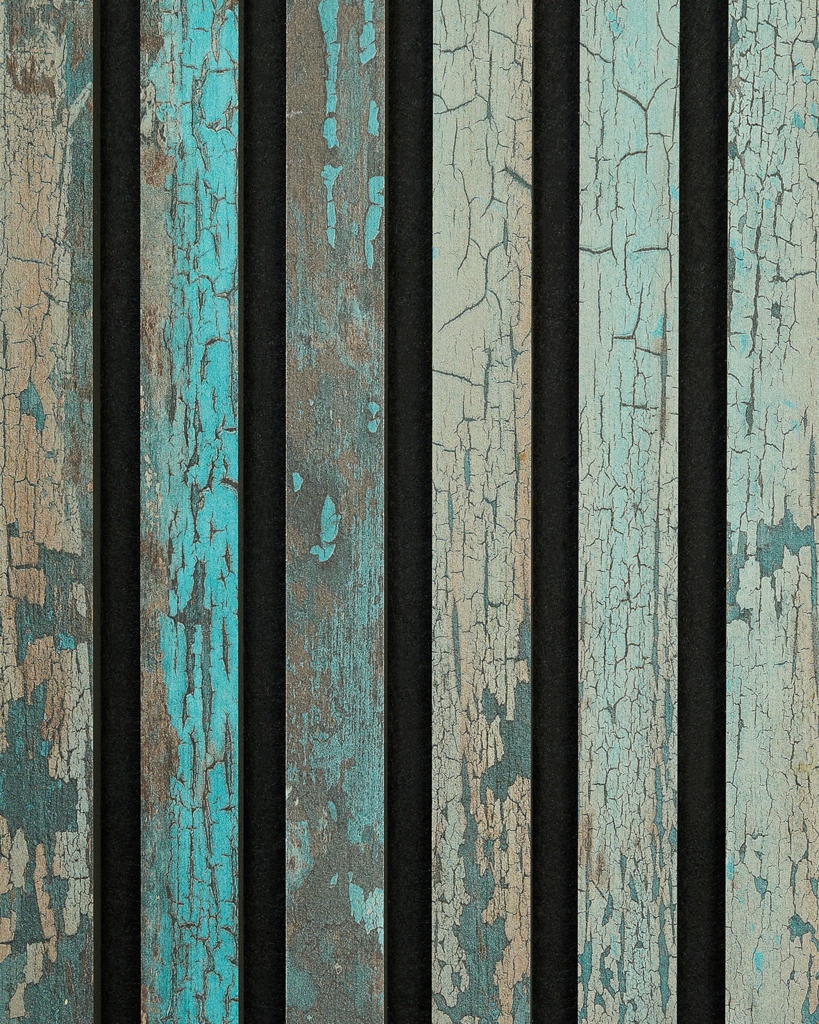 WoodUpp Rebel | Prøve / Blue Oxide Akupanel med værslitte trespiler, blågrønne toner, synlige sprekker og mørke vertical mellomrom for et rustikt nordisk uttrykk.