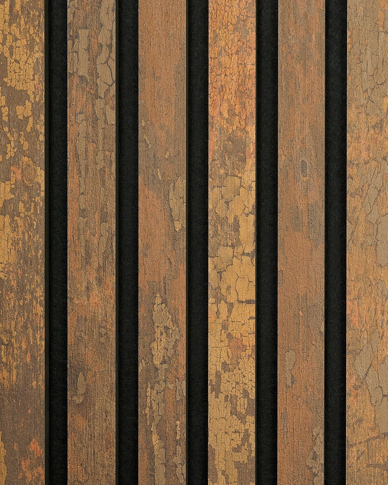 The Rebel | Prøve / Copper Oxide fra WoodUpp viser rustikke brown vertical Akustikkpanel planker med et værbitt, vintage uttrykk.