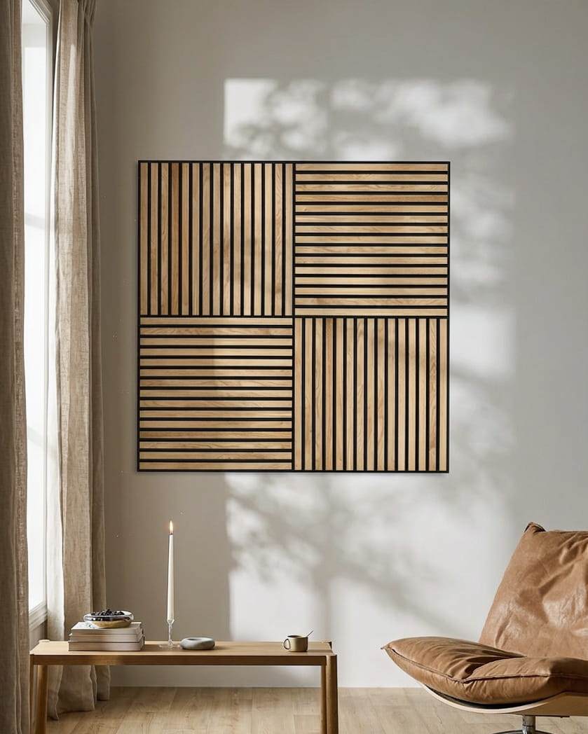 Moderne stue med en skinnstol, et tent lys og WoodUpp Akupixel Akustikkpanel i Rustic Natural Oak som kaster geometriske skygger på veggen.