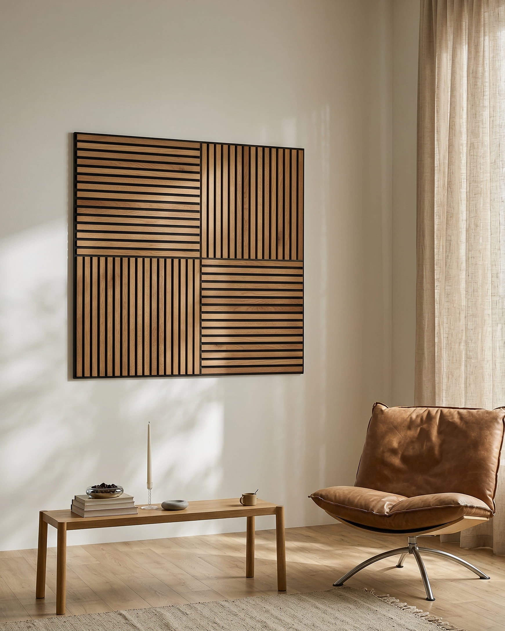 Minimalistisk stue med en brown loungestol, salongbord i tre og WoodUpp Akupixel Rustic Brown Oak Akustikkpanel på veggen, i naturlig lys.