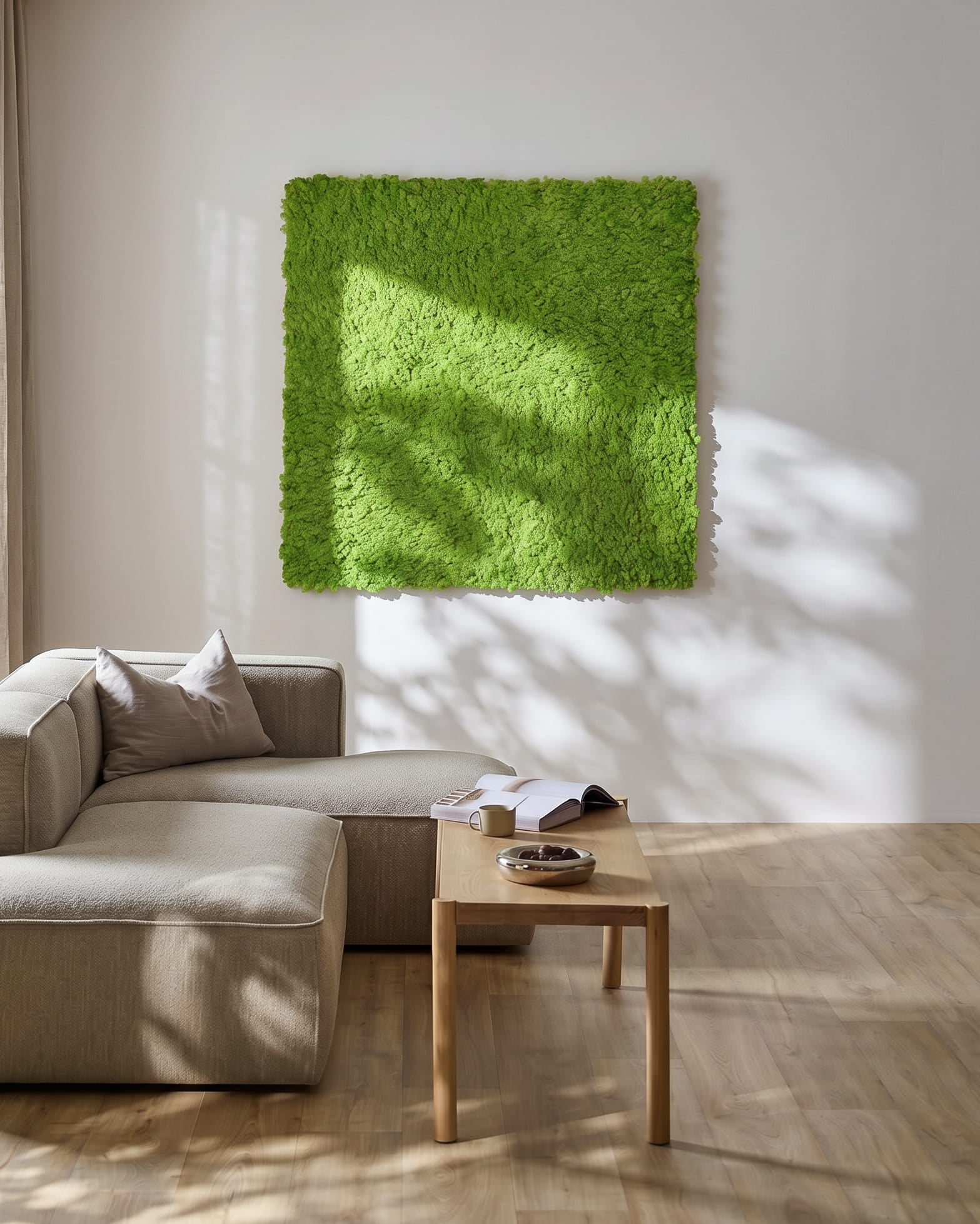 Moderne stue med en beige sofa og WoodUpp Akupixel Akustikkpanel i Moss / Apple Green, 60x60cm, montert på veggen. Sollyset kaster skygger i nærheten.