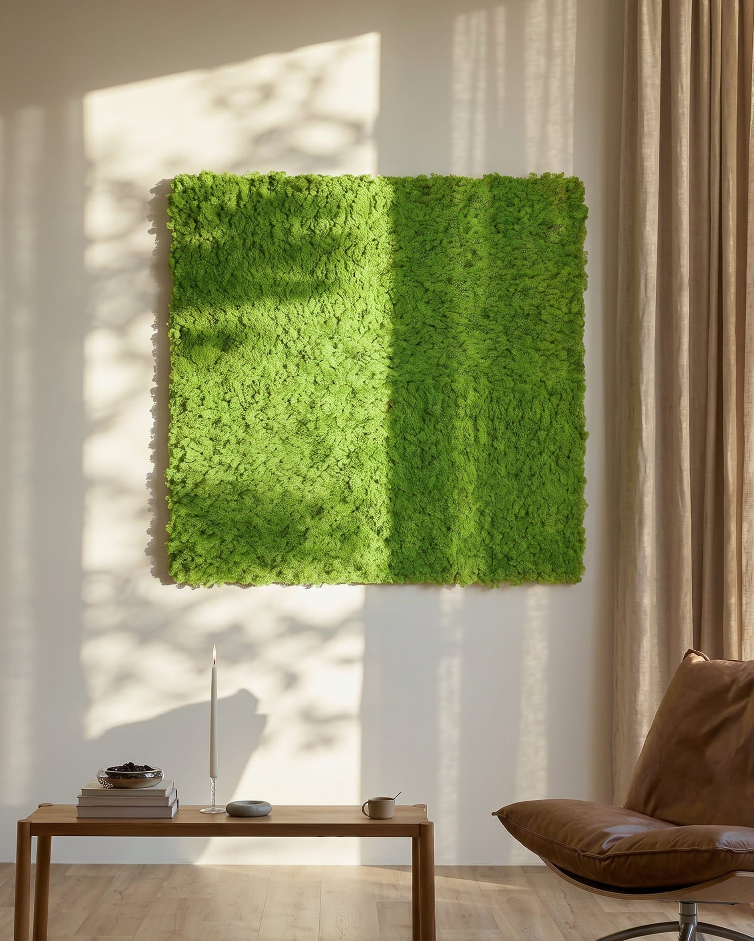 Akupixel Akustikkpanel i Moss / Apple Green, 60 x 60 cm fra WoodUpp, montert på en solbelyst vegg over et small bord og beige gardiner.