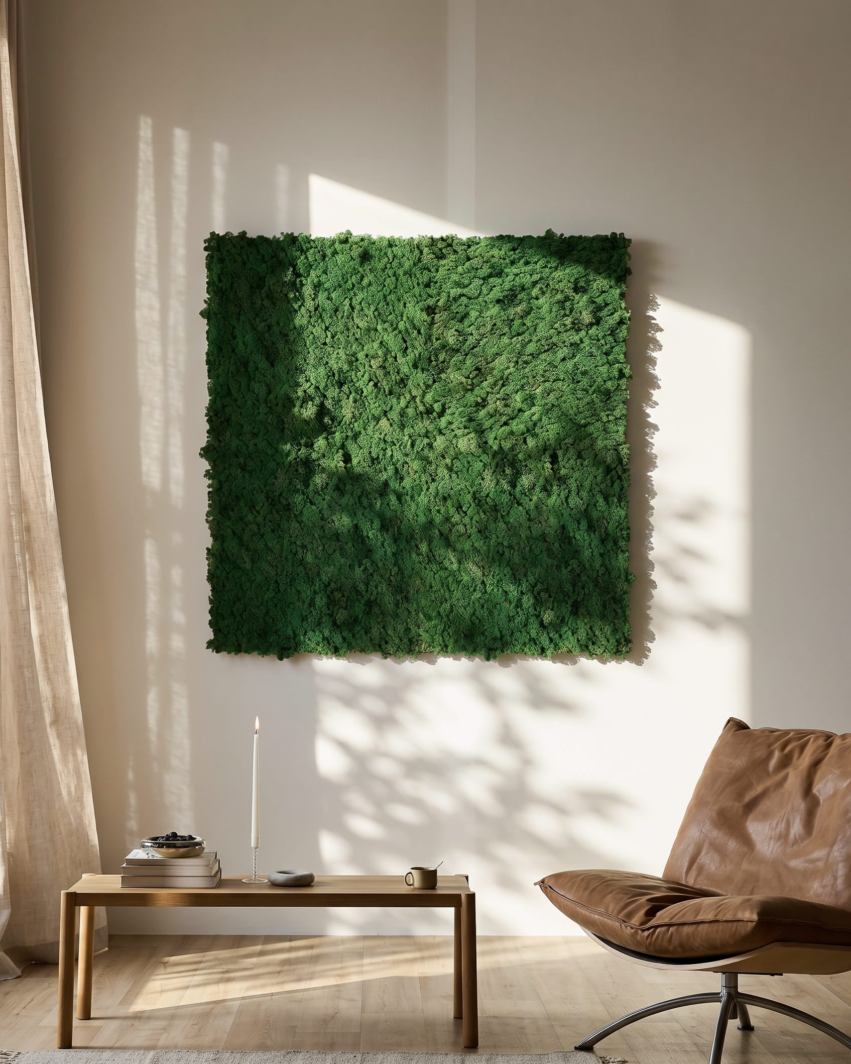 WoodUpp Akupixel Moss Green Akustikkpanel (60x60 cm) montert på en beige vegg over et minimalistisk bord og en brown skinnstol.