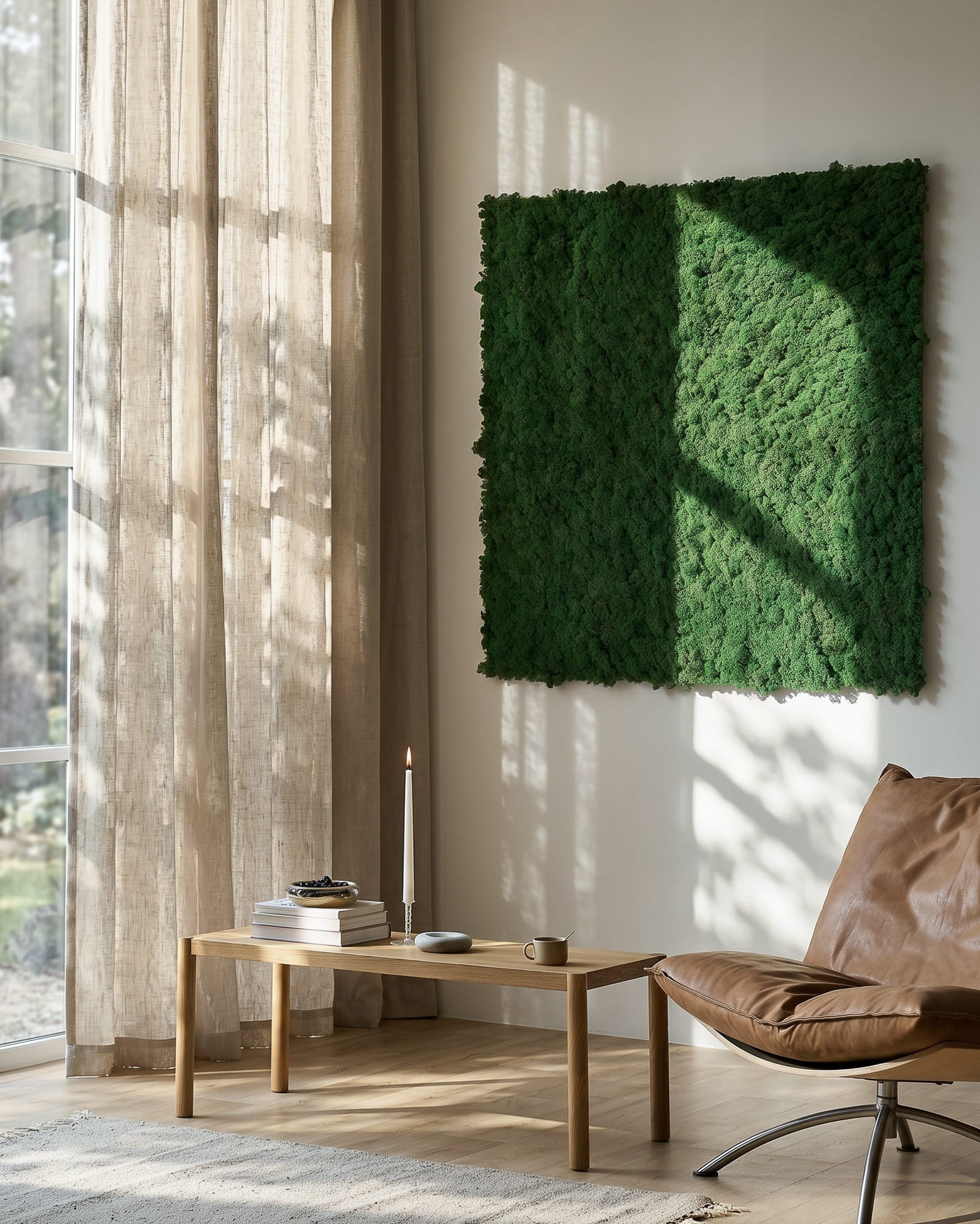 Akupixel Moss Green akustikkpaneler fra WoodUpp, 60x60 cm, tilfører et moderne, naturlig element til interiøret; en del av det danske merkets nordiske kolleksjon.
