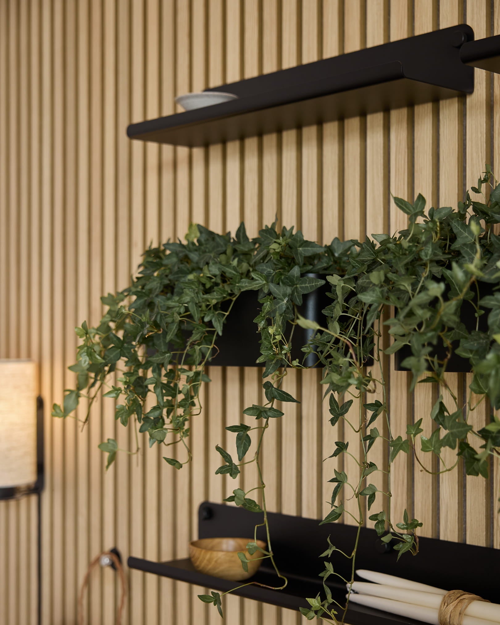 Vertical Akupanel akustisk spilevegg i tre med black hyller, minimalistisk innredning, grøntplanter og en black WoodUpp Norr Plant Box (35,9 cm).
