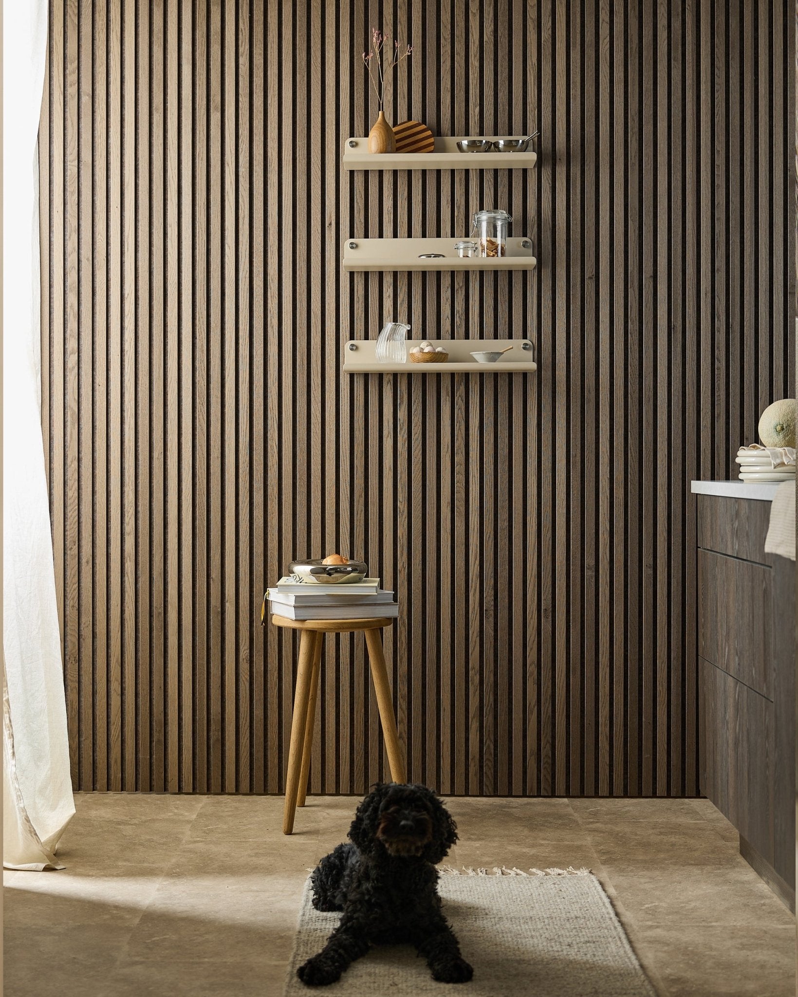 En black hund ligger på et teppe i et moderne rom med en Akupanel Akustikkpanel-vegg, beige WoodUpp Norr bred hylle (51,9 cm), en krakk med bøker og mykt lys.