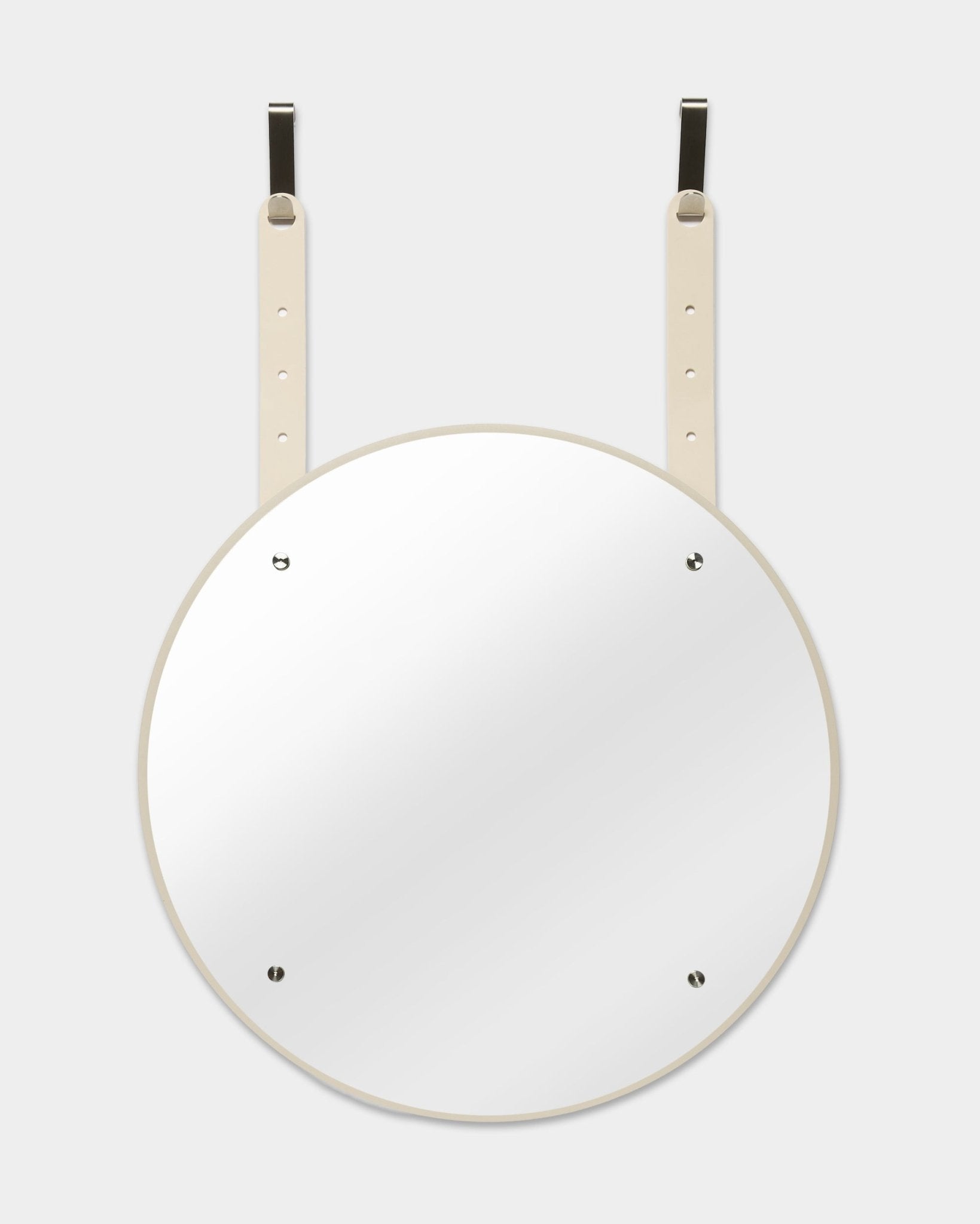 Vala | Speil BM1 fra WoodUpp, D54 cm, med hvit ramme og beige justerbare opphengsremmer, vist mot en lys grå bakgrunn.