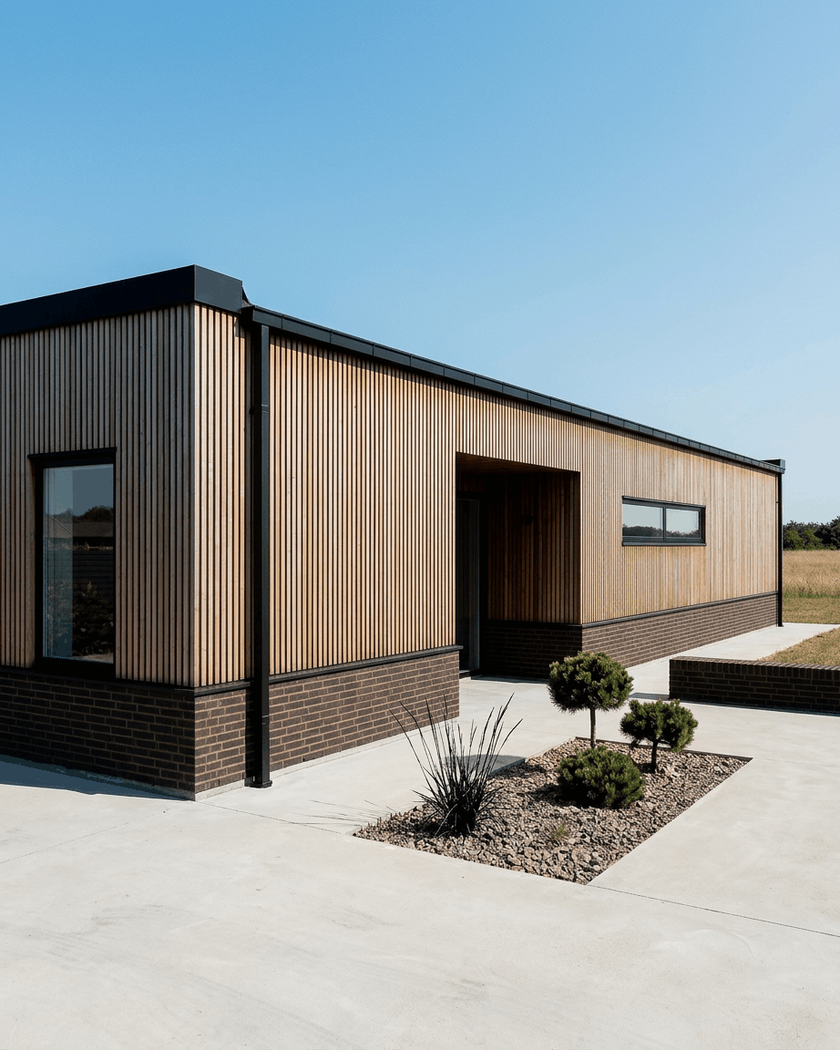 Enebolig i ett plan med WoodUpp Aluwood fasadepaneler i brown Thermowood, en mørk mursteinsbase, large vinduer og minimalistisk beplantning.