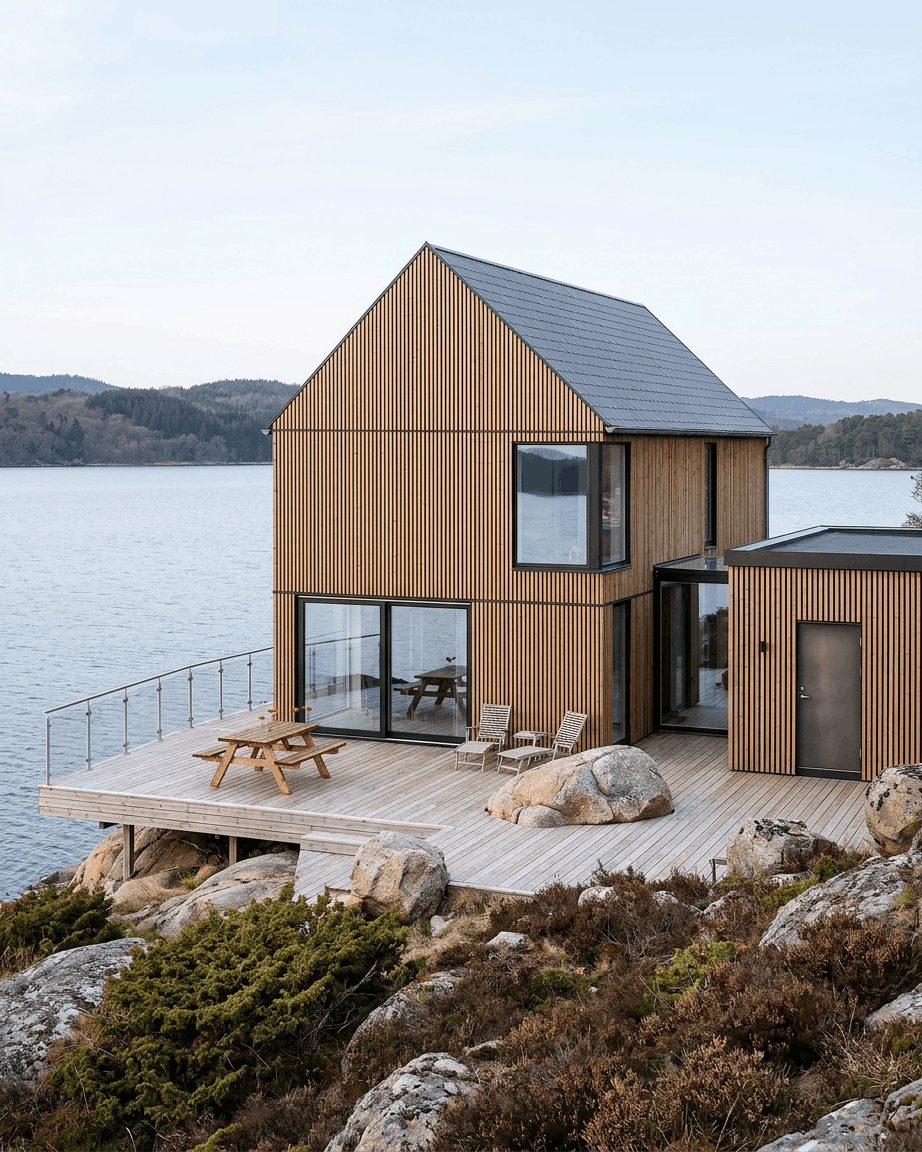 Et moderne hus med WoodUpp Aluwood fasadepaneler i Thermowood Brown, med en overflate i nordisk furu på en steinete terrasse ved innsjøen, omgitt av natur.