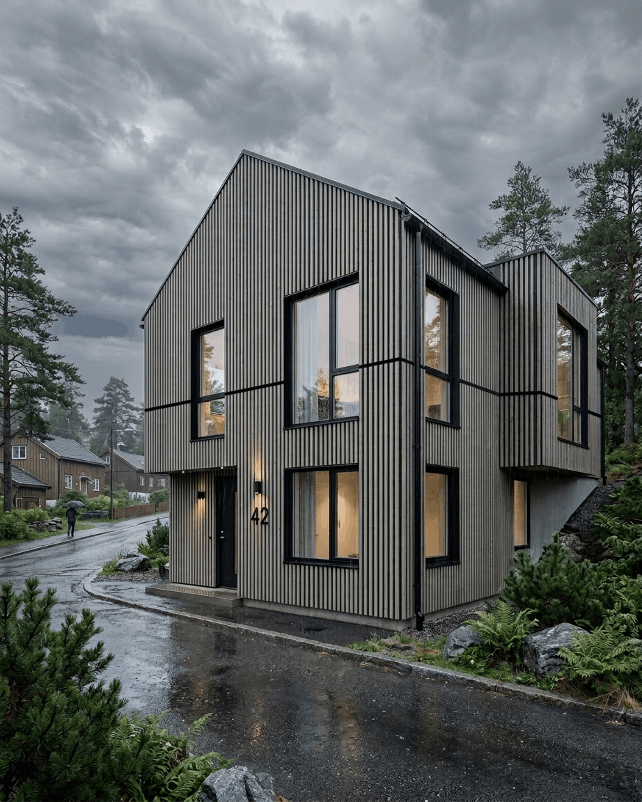 Moderne hus i to etasjer med large vinduer, med WoodUpp Aluwood Thermowood Grey fasadepaneler, på en regnværsdag omgitt av trær og grøntområder.