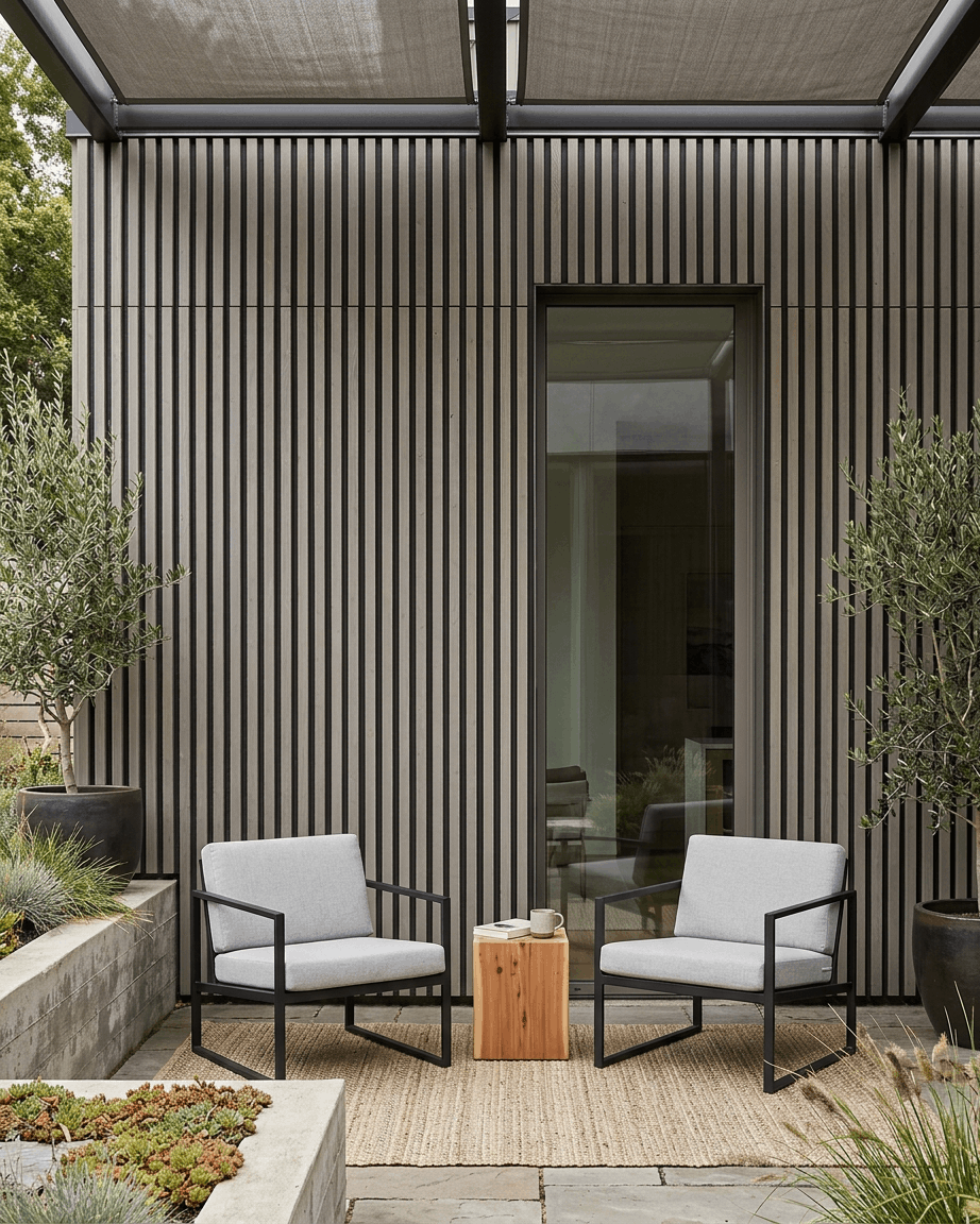 To grå lenestoler og et bord på en uteplass med frodige planter, med WoodUpp Aluwood Outdoor Thermowood fasadepaneler i grey i bakgrunnen.