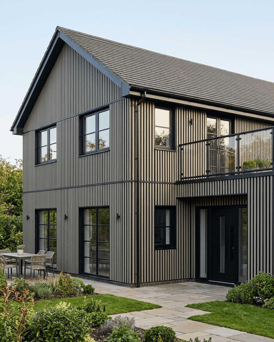 Aluwood aluminiums-spilekledning på fasaden til et hus i to etasjer med balkong, uteplass og hage