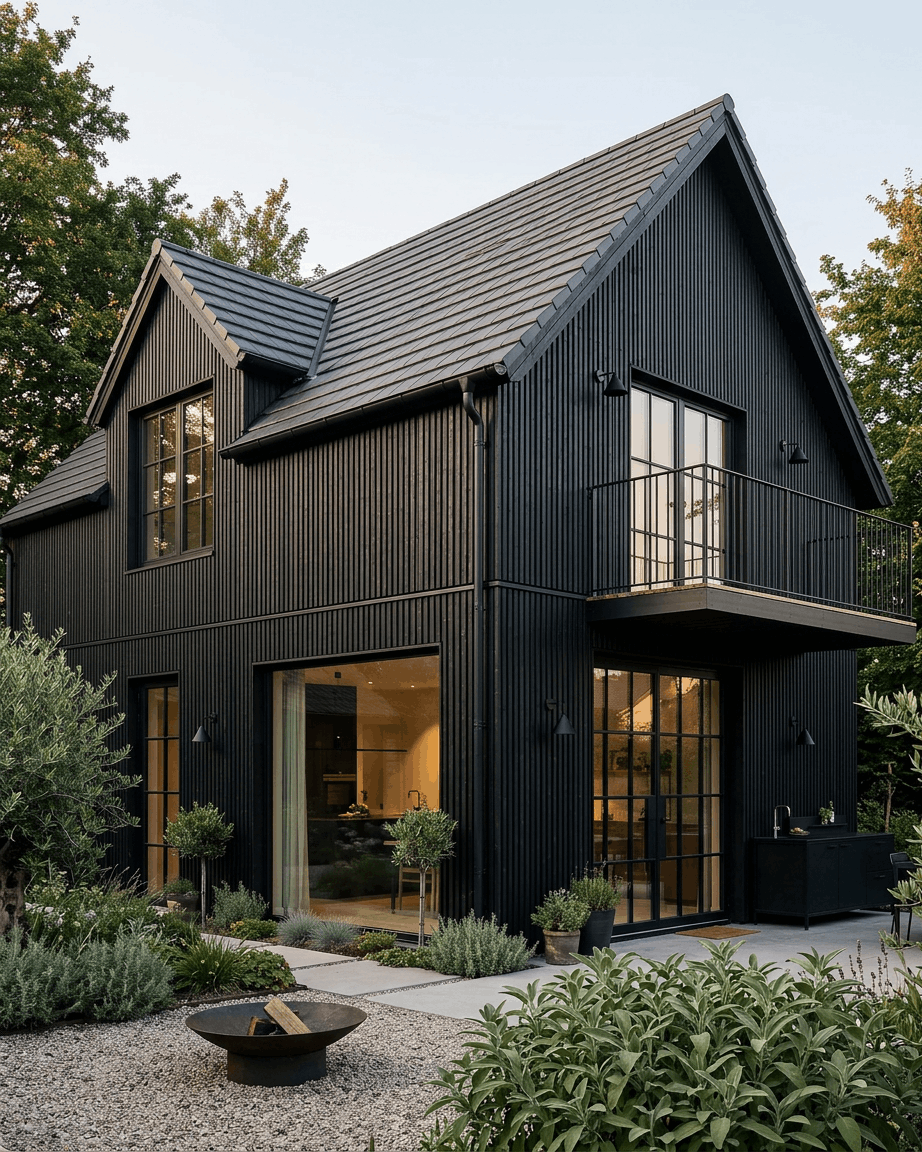 Black hus med WoodUpp Aluwood Thermowood fasadepaneler, large vinduer, balkong, utekjøkken, opparbeidet hage, trær og bålpanne foran.