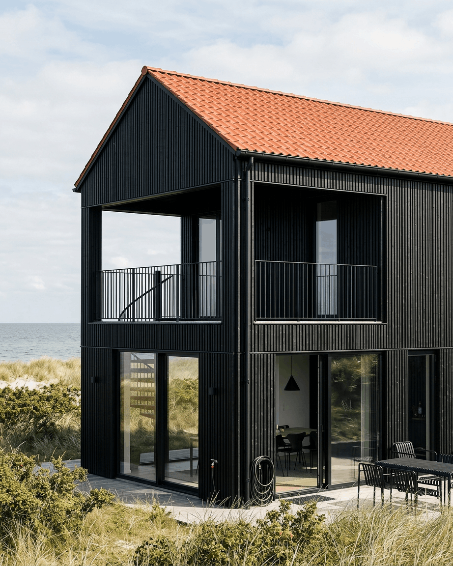 Moderne hus med large vinduer, rødt tak, WoodUpp Aluwood Thermowood Black fasadepaneler (240 x 45.1 cm), nær sanddyner og hav i bakgrunnen.