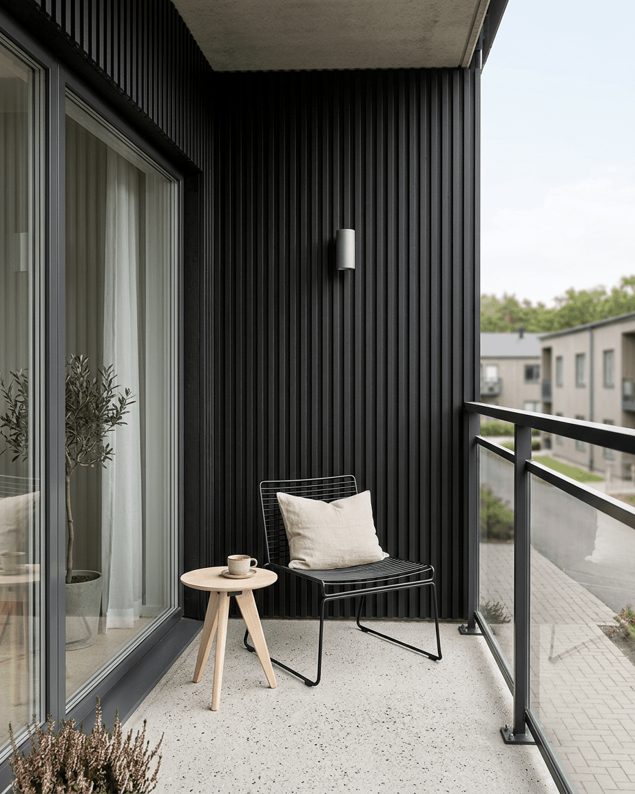 Black Aluwood spilekledning på balkongvegg, glassrekkverk, trådstol, sidebord i tre med kopp