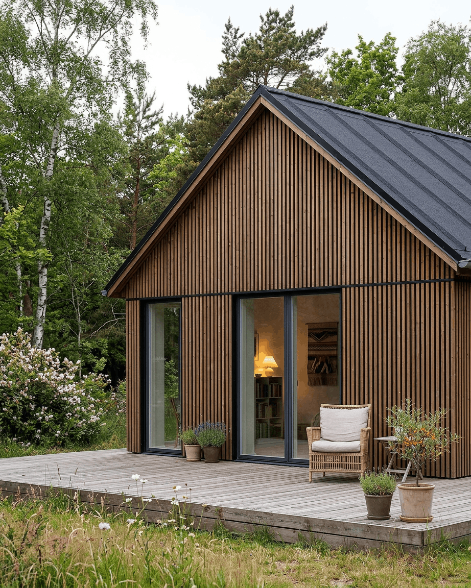 Moderne hytte med WoodUpp Aluwood utendørs fasadepaneler i oljet brown Thermowood, large glassdører, terrasse, potteplanter og en utendørs stol blant trærne.
