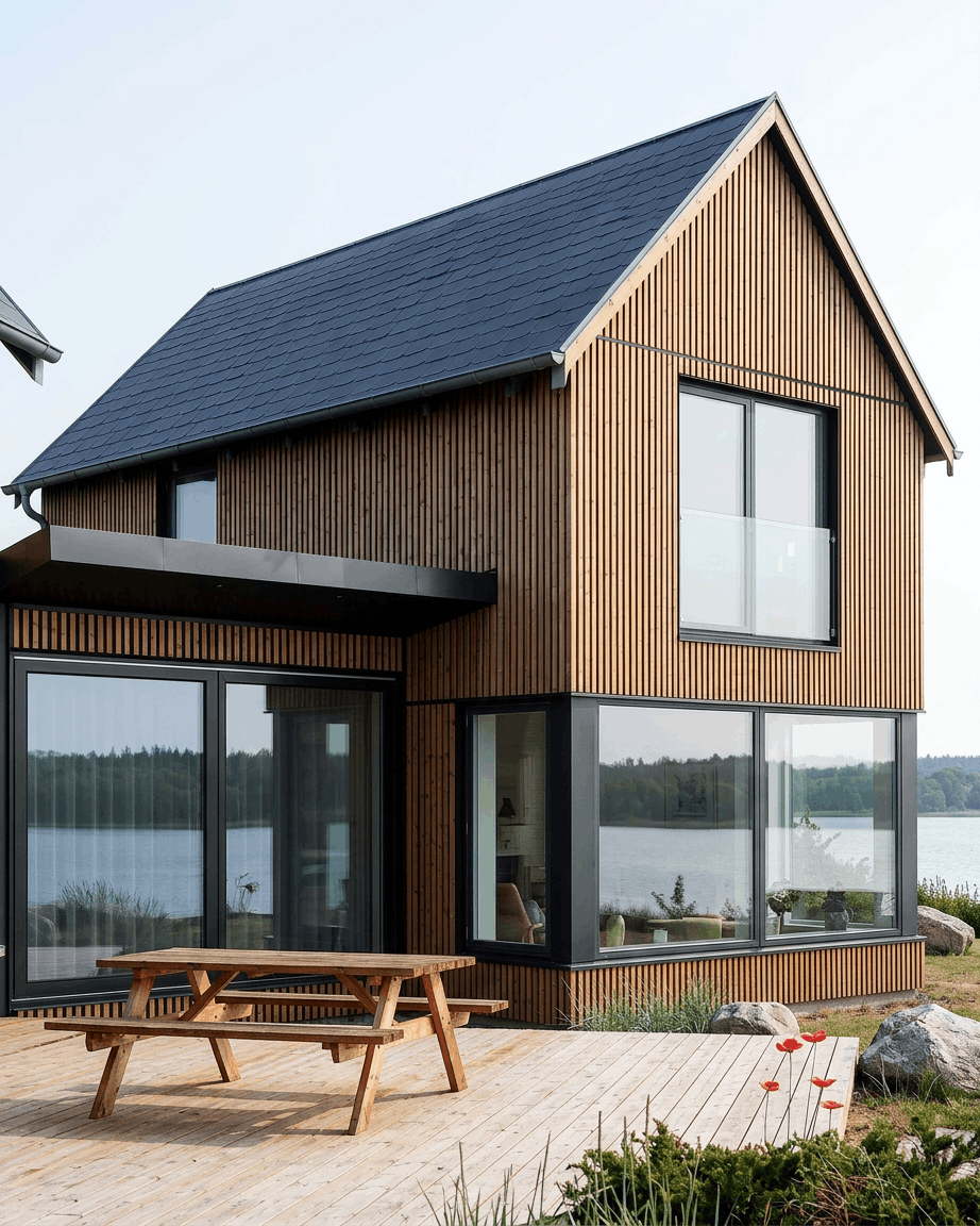 Hus kledd med Aluwood fasadepaneler i aluminiumsspiler i Thermowood Oiled Brown ved en innsjø, med large vinduer.