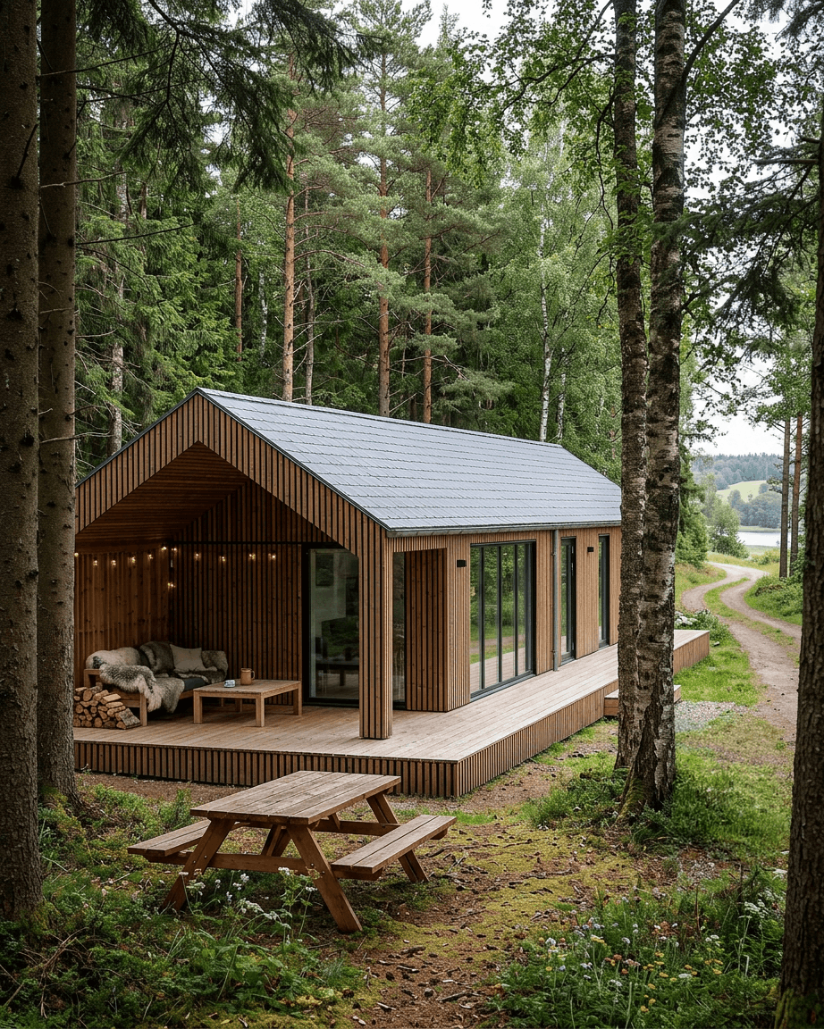 Hytte kledd med Aluwood fasadepaneler med spiler, large glassdører og piknikbord ved en innsjø