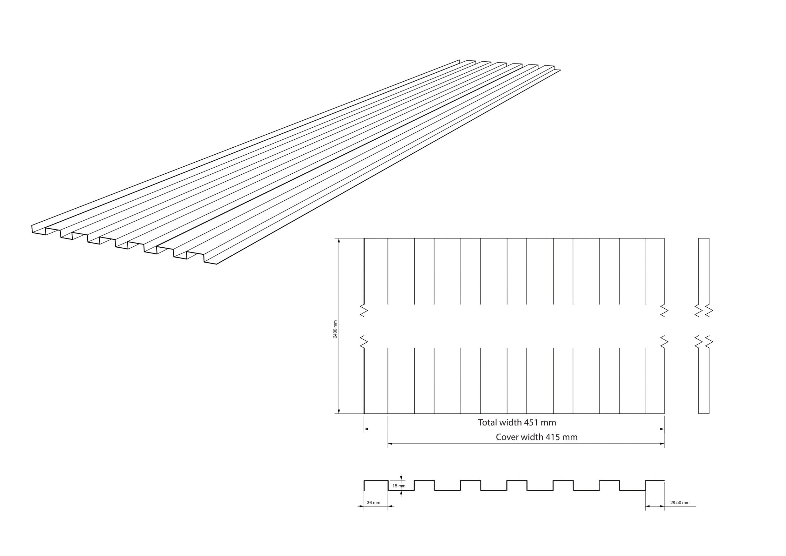 3D and technical drawings of a grooved acoustic panel with precise dimensions, showing millimeter groove spacing for detailed manufacturing specifications.