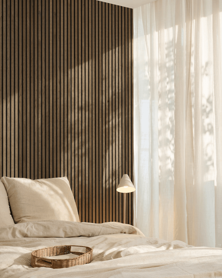Akupanel | Akustikkpanel / Naturlig tre, rustikk grå eik, svart filt 300 x 60 cm 