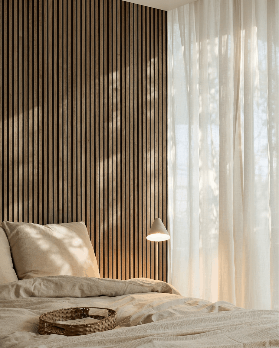 Akupanel | Akustikkpanel / Naturlig tre, valnøtt, svart filt, 300 x 60 cm 