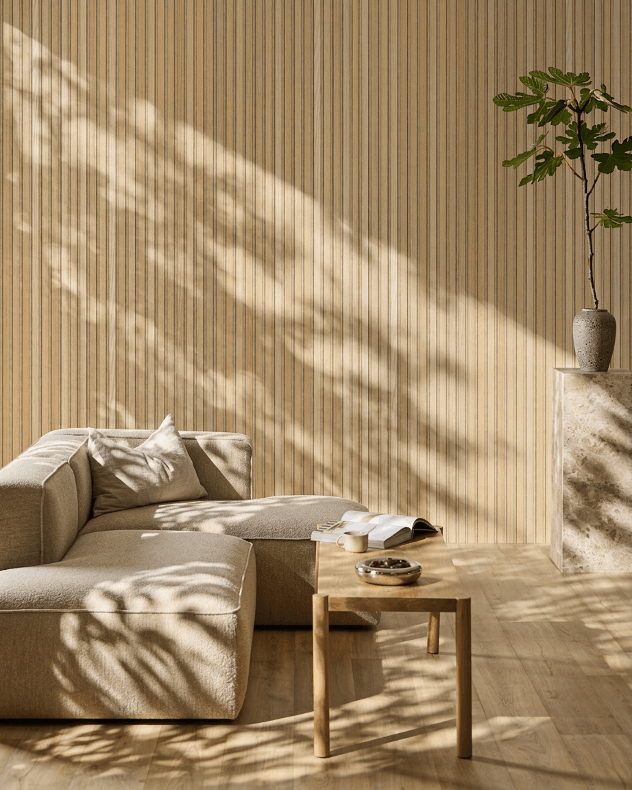 Akupanel | Akustikkpanel / Naturlig tre, klassisk eik, beige filt, 300 x 60 cm 