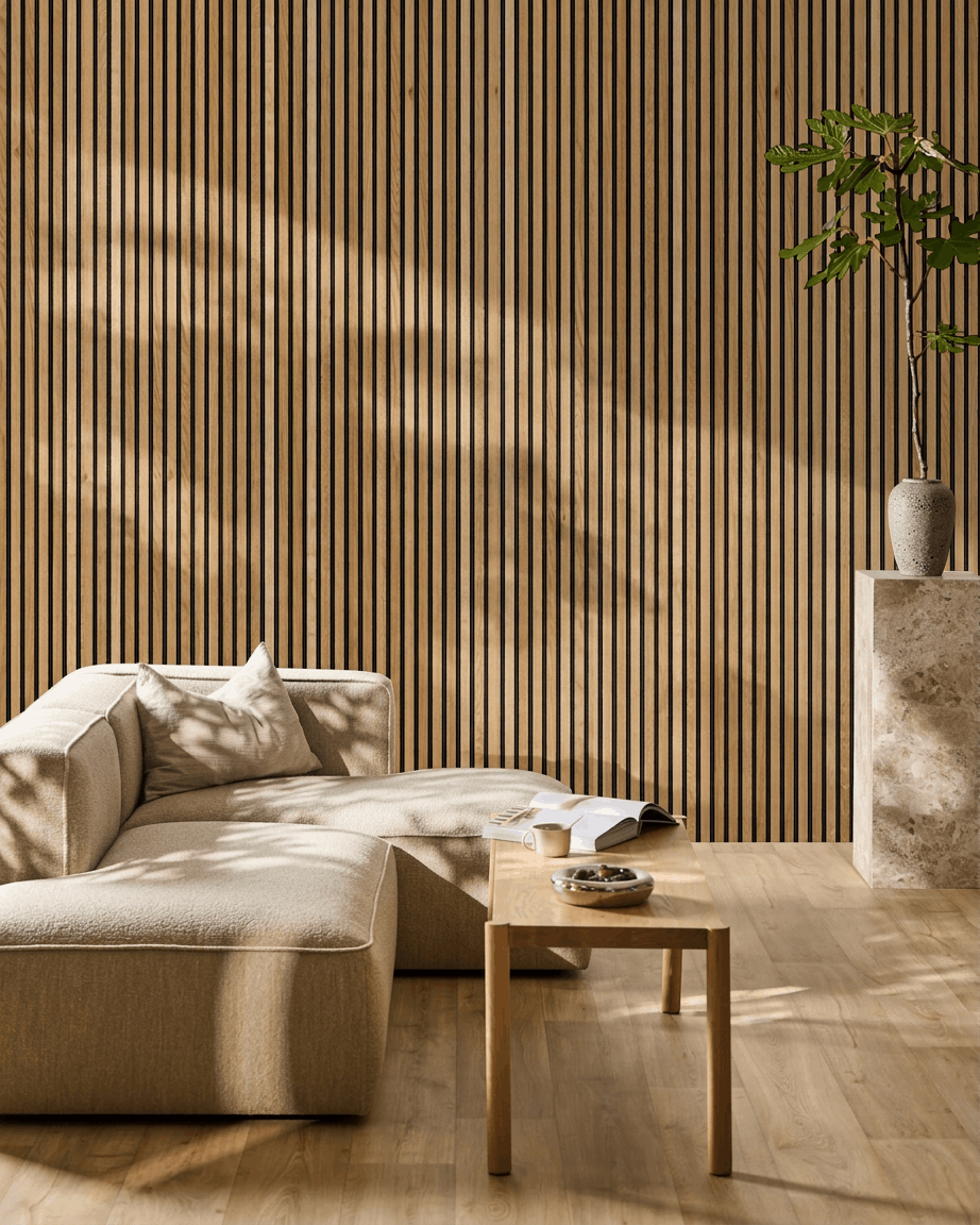 Akupanel | Akustikkpanel / Naturlig tre, rustikk brun eik, svart filt, 240 x 60 cm 