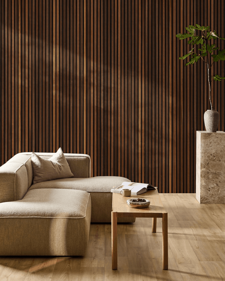 Akupanel | Akustikkpanel / Naturlig tre, røkt lerk, svart filt, 240 x 60 cm 
