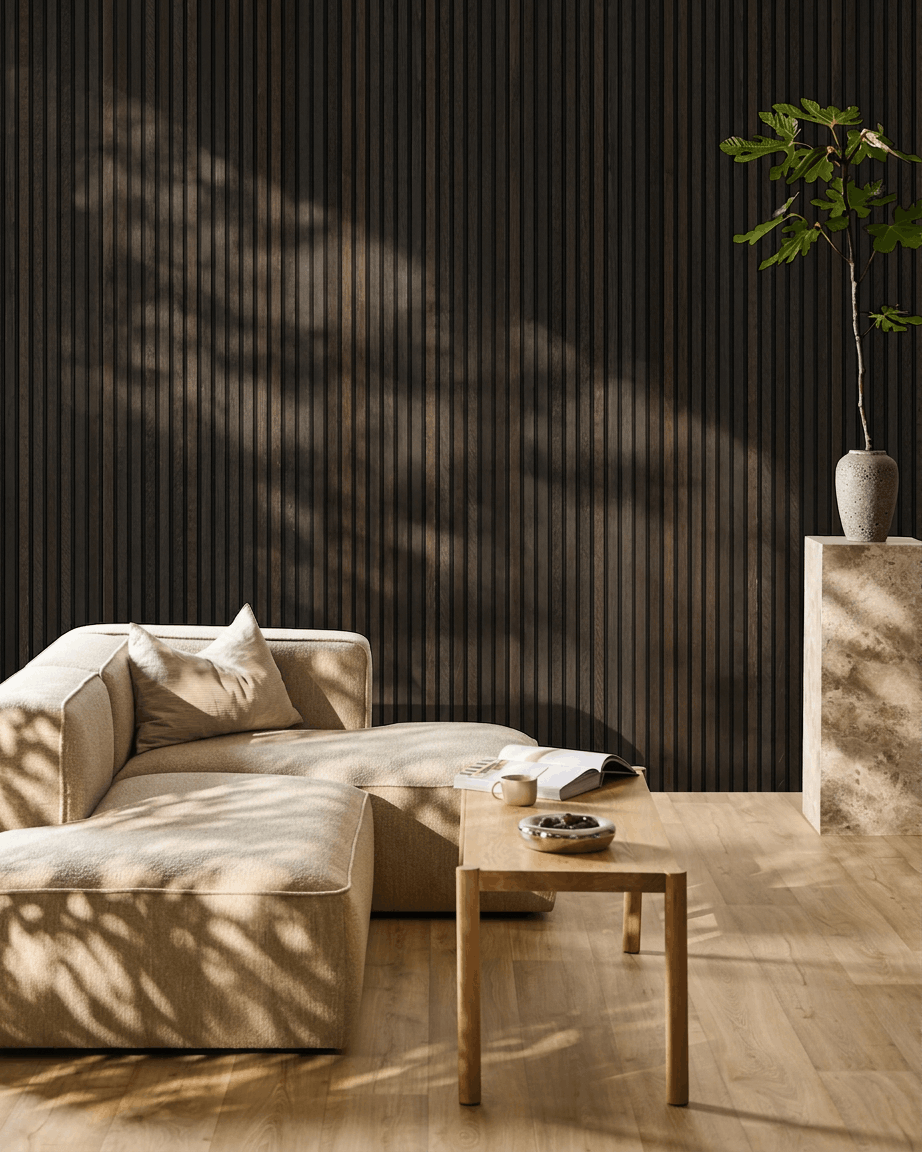 Akupanel | Akustikkpanel / Naturlig tre, rustikk røkt eik, svart filt, 240 x 60 cm 