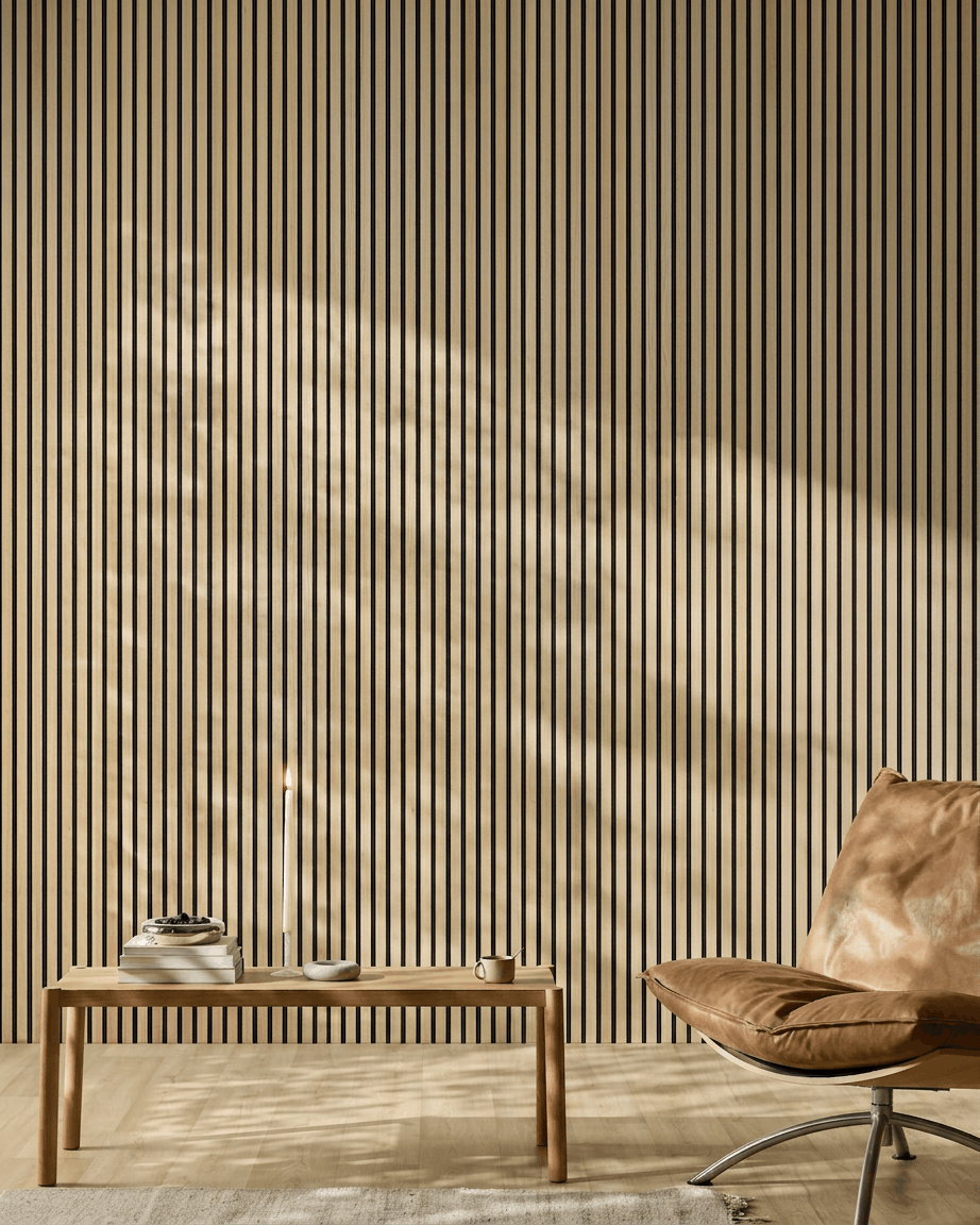 Akupanel | Akustikkpanel / Naturlig tre, klassisk eik, svart MDF, svart filt, 300 x 60 cm 
