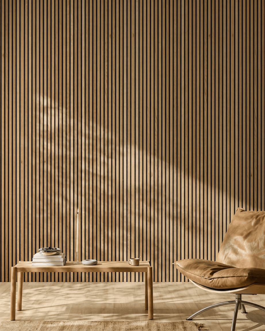 Akupanel | Akustikkpanel / Naturlig tre, rustikk brun eik, svart filt, 300 x 60 cm 