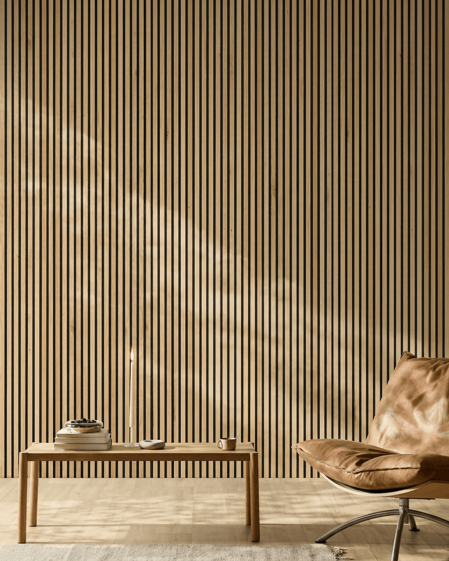 Akupanel | Akustikkpanel / Naturlig tre, rustikk naturlig eik, svart filt, 300 x 60 cm 