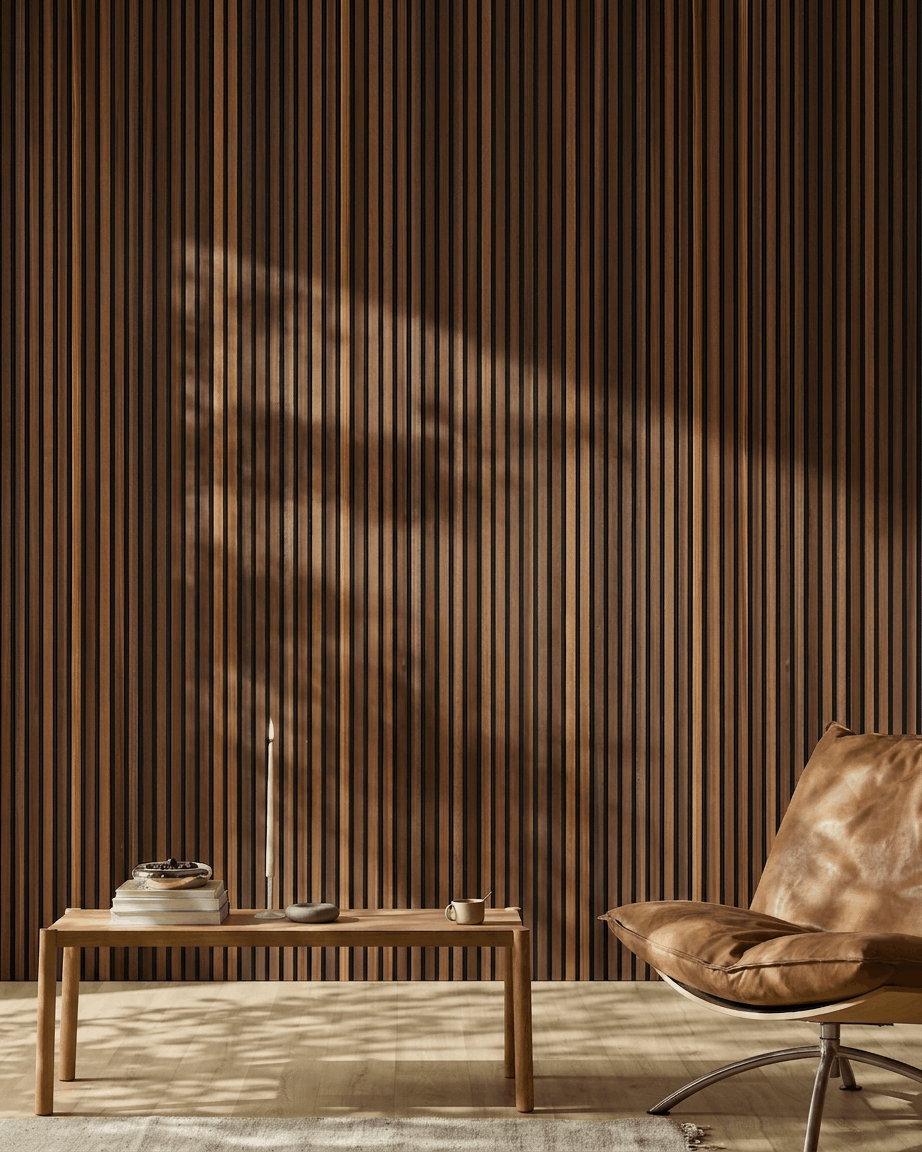 Akupanel | Akustikkpanel / Naturlig tre, røkt lerk, svart filt 300 x 60 cm 