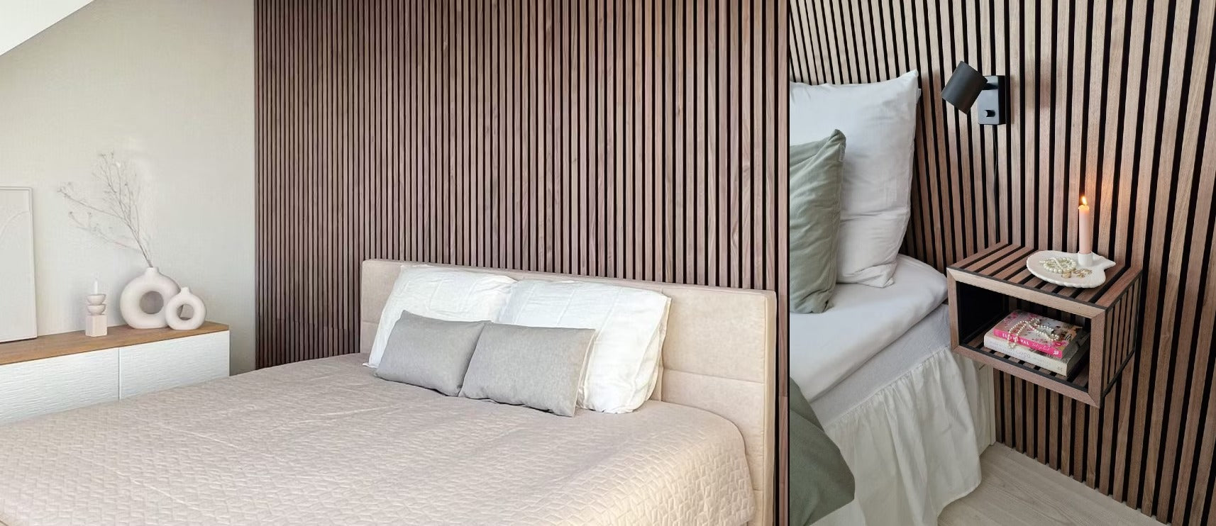 A modern bedroom with a beige bed, neutral pillows, and a textured wood Akupanel accent wall behind a floating nightstand holding books and a small lamp.